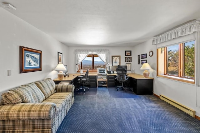 carpeted home office featuring a baseboard radiator