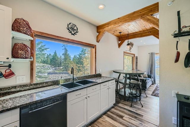 kitchen featuring dishwasher, white cabinets, sink, dark stone countertops, and beam ceiling