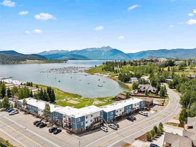 aerial view featuring a water and mountain view