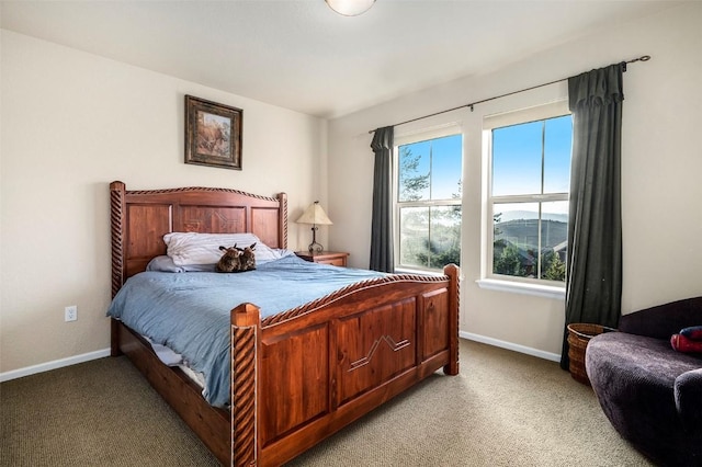 carpeted bedroom with a mountain view