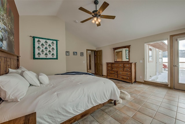 bedroom with light tile patterned floors, ceiling fan, access to exterior, and high vaulted ceiling