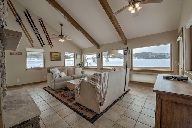 living room featuring ceiling fan, high vaulted ceiling, light tile patterned flooring, and beam ceiling