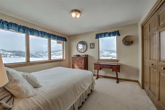 bedroom featuring baseboards, multiple windows, a closet, and light colored carpet