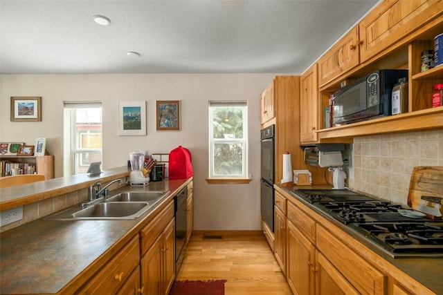 kitchen featuring black appliances, a sink, a wealth of natural light, and light wood-style floors