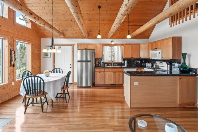 kitchen featuring sink, white appliances, hanging light fixtures, and wood ceiling