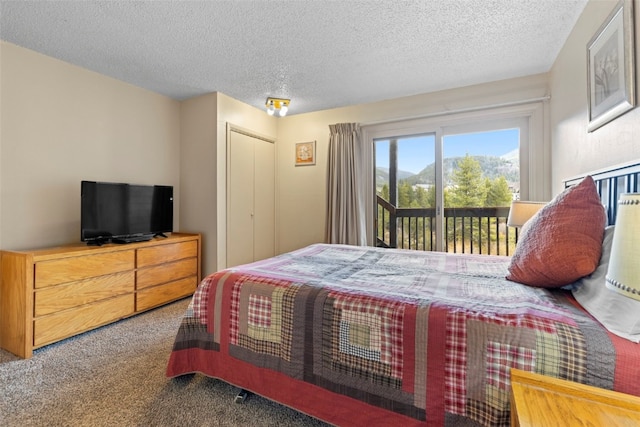 carpeted bedroom with access to outside, a closet, and a textured ceiling