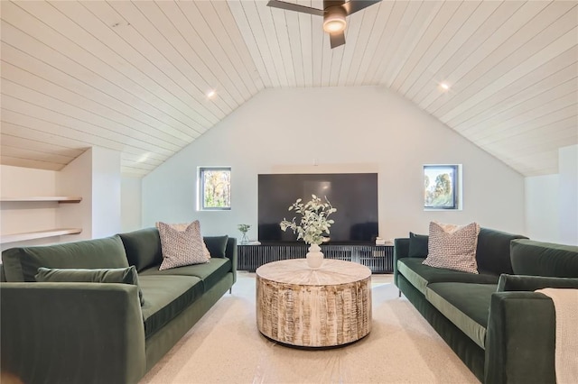 living room featuring ceiling fan, vaulted ceiling, and wood ceiling