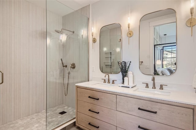 bathroom with vanity and walk in shower