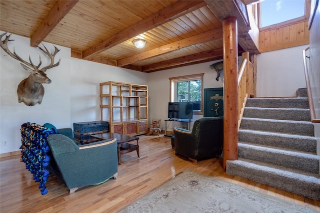 living room with wood ceiling, wood-type flooring, and beam ceiling