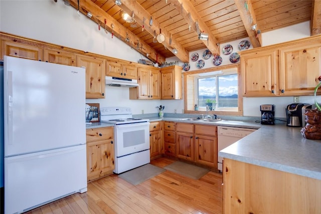 kitchen with wood ceiling, white appliances, sink, lofted ceiling with beams, and light hardwood / wood-style flooring