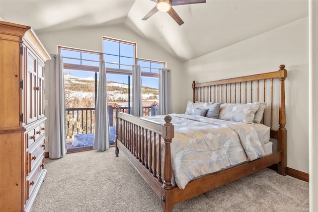 bedroom with baseboards, light colored carpet, lofted ceiling, ceiling fan, and access to outside