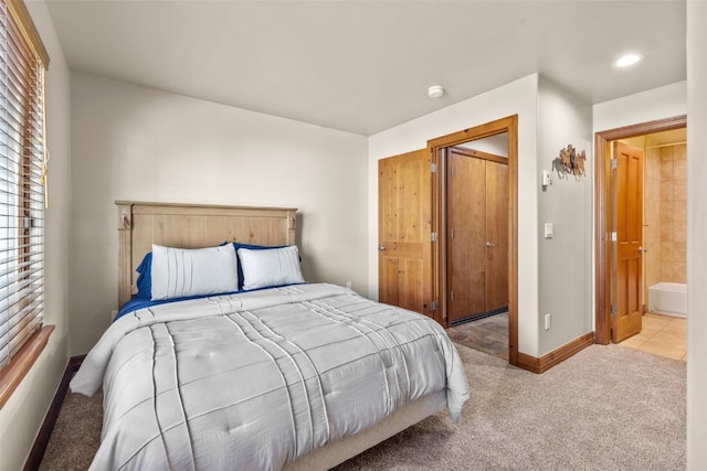 bedroom featuring recessed lighting, carpet flooring, and baseboards