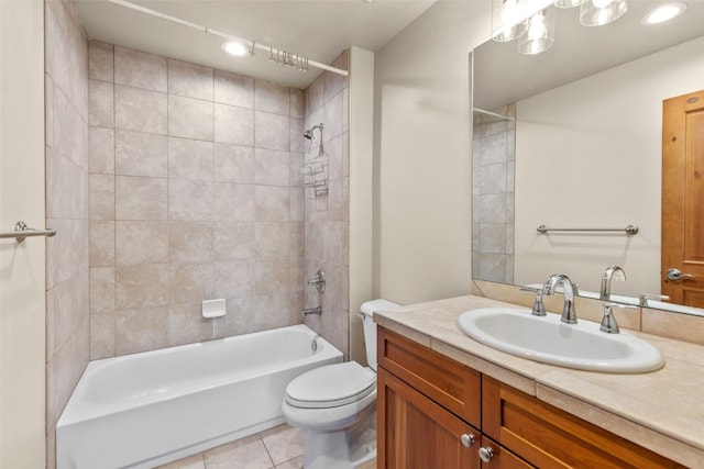 bathroom with tile patterned flooring, toilet, recessed lighting, shower / bath combination, and vanity