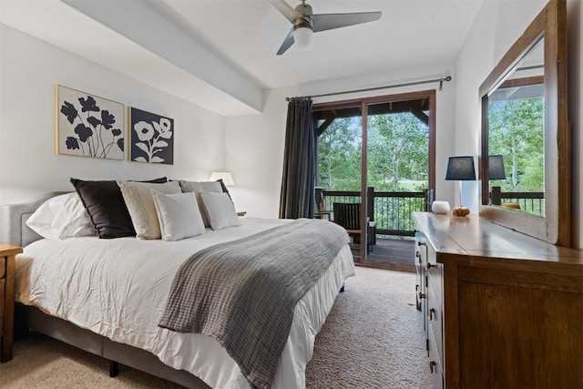 carpeted bedroom featuring access to outside and ceiling fan