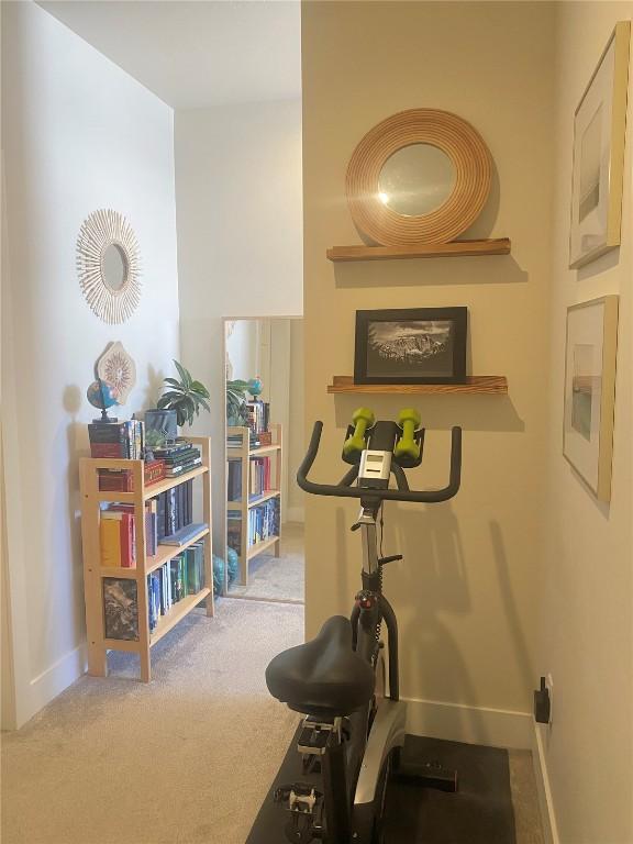 exercise area featuring carpet and baseboards