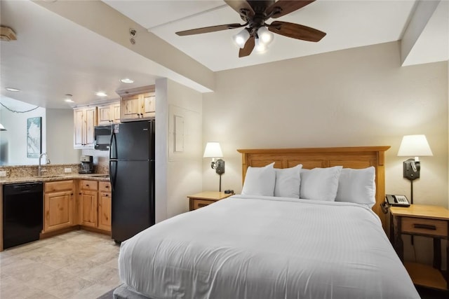 bedroom with black refrigerator, ceiling fan, and sink