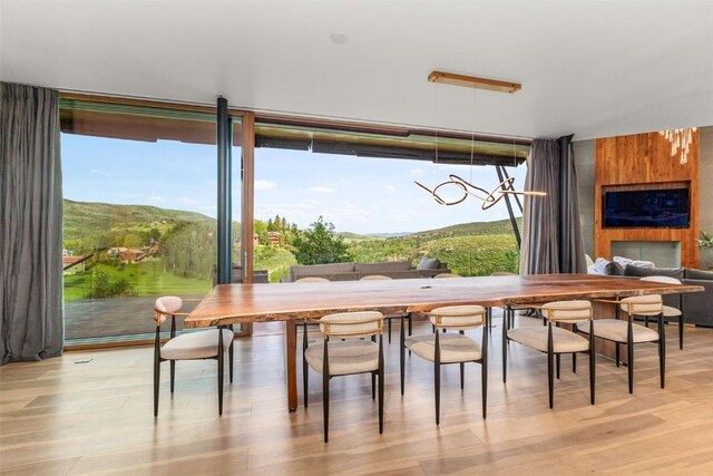 dining area featuring floor to ceiling windows, a mountain view, and light hardwood / wood-style floors