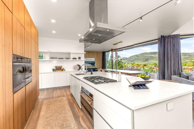 kitchen featuring a large island, stainless steel appliances, island range hood, white cabinets, and a mountain view