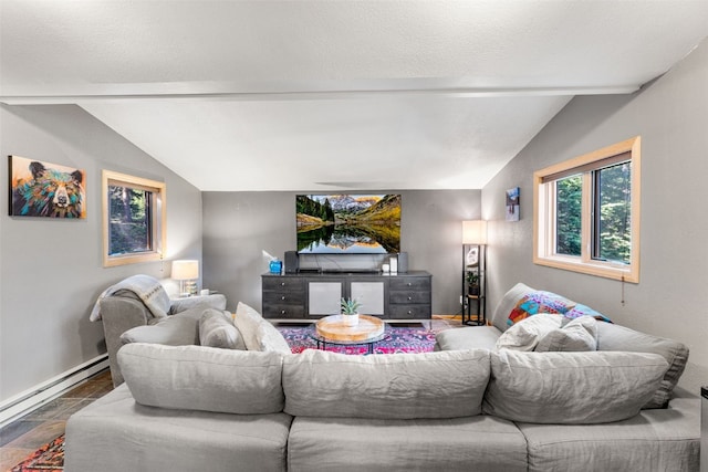 living room with a baseboard heating unit, a textured ceiling, and vaulted ceiling with beams