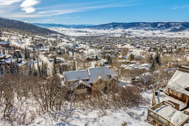 snowy aerial view featuring a mountain view