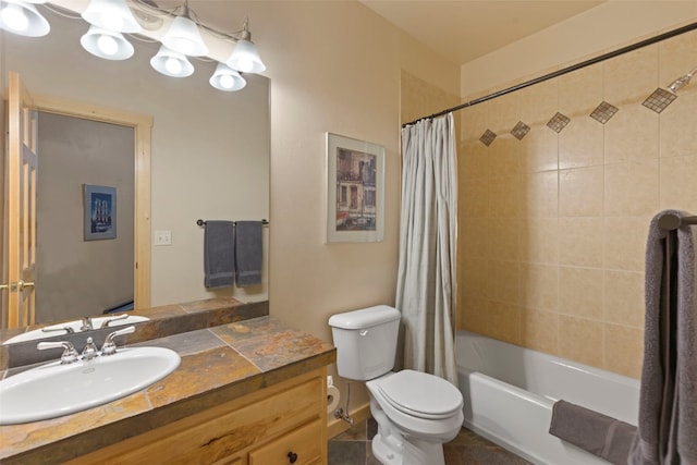 full bathroom with vanity, tile patterned floors, toilet, and shower / bathtub combination with curtain