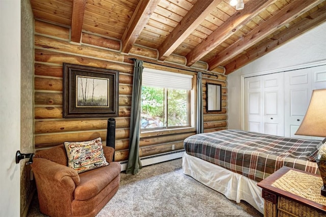 bedroom with carpet flooring, lofted ceiling with beams, rustic walls, and a closet