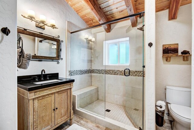 bathroom featuring vanity, wooden ceiling, lofted ceiling with beams, toilet, and a shower with shower door