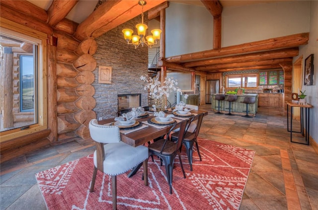 dining space with a high ceiling, rustic walls, a notable chandelier, and beam ceiling