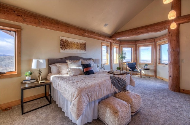 carpeted bedroom with high vaulted ceiling