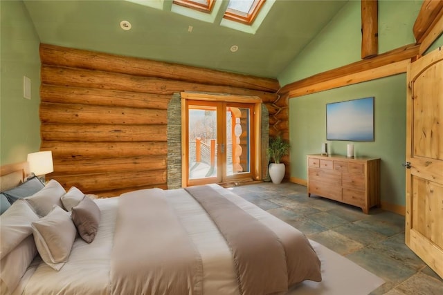 bedroom featuring high vaulted ceiling, access to exterior, log walls, and a skylight