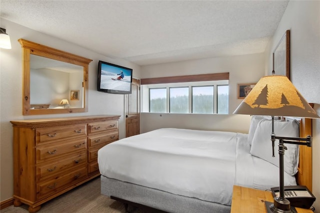 bedroom with a textured ceiling and carpet floors