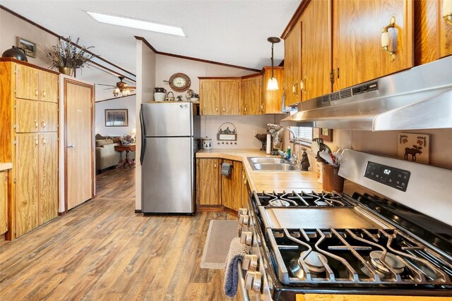 kitchen with appliances with stainless steel finishes, crown molding, sink, pendant lighting, and lofted ceiling