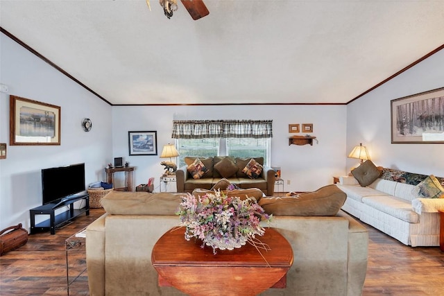 living room with dark wood-type flooring, vaulted ceiling, and ornamental molding