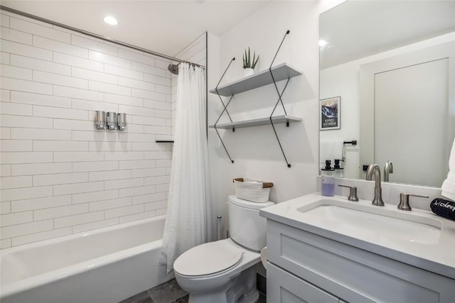 full bathroom with toilet, shower / bathtub combination with curtain, recessed lighting, and vanity