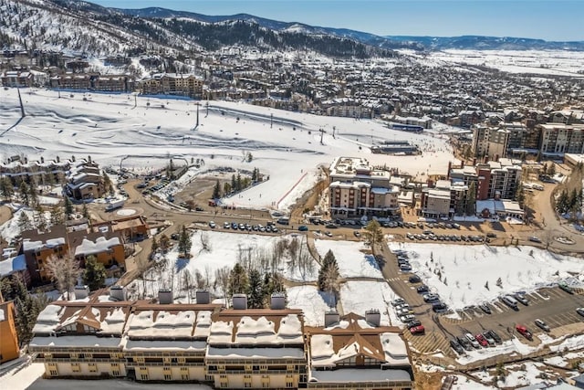 snowy aerial view featuring a mountain view