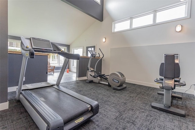 workout room with plenty of natural light, high vaulted ceiling, baseboards, and carpet floors