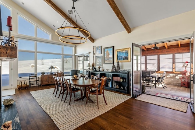 dining room with a wealth of natural light, dark wood-type flooring, high vaulted ceiling, and beamed ceiling