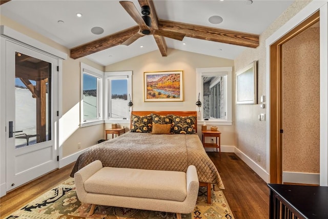 bedroom featuring dark wood-type flooring, ceiling fan, access to exterior, and vaulted ceiling with beams