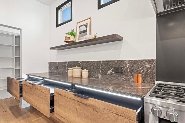 kitchen featuring backsplash, wood-type flooring, and range