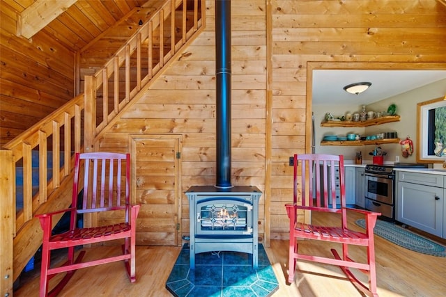 sitting room featuring a wood stove, wooden ceiling, light hardwood / wood-style flooring, wood walls, and vaulted ceiling