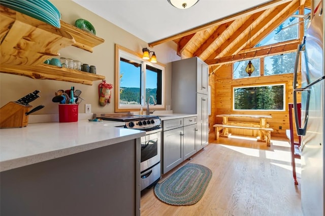 kitchen with gray cabinetry, sink, light hardwood / wood-style floors, wooden walls, and appliances with stainless steel finishes