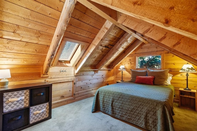 carpeted bedroom featuring lofted ceiling, wooden ceiling, and wood walls