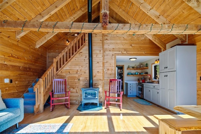 unfurnished living room featuring beam ceiling, light wood-type flooring, a wood stove, and wooden ceiling