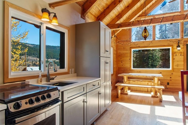 kitchen with gray cabinetry, stainless steel electric stove, wooden walls, and sink