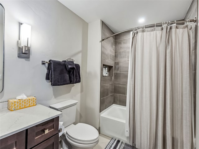 full bathroom with toilet, tile patterned flooring, shower / bath combo, and vanity