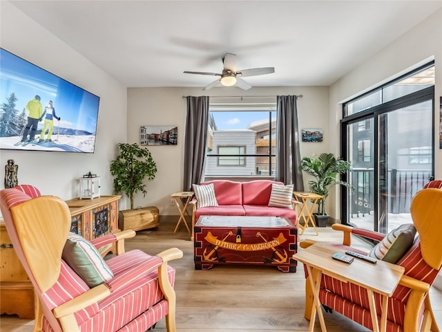 living area featuring ceiling fan and light wood-type flooring