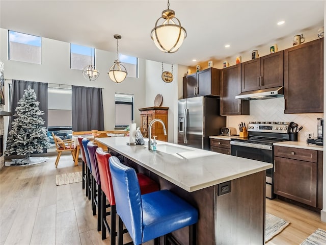 kitchen with hanging light fixtures, a center island with sink, and stainless steel appliances