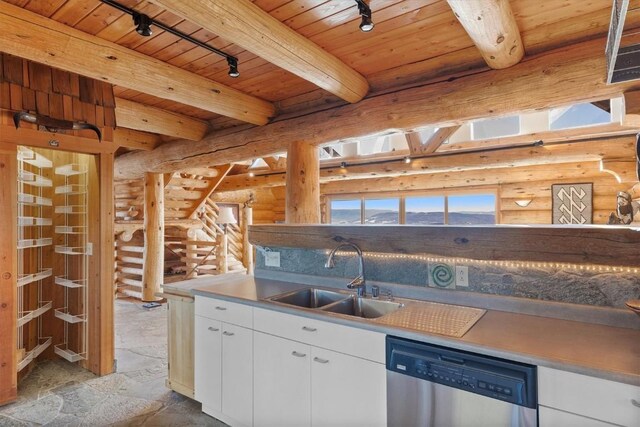 kitchen with stainless steel appliances, light countertops, wood ceiling, and white cabinetry