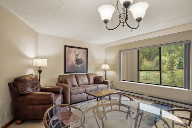 living room with a notable chandelier, light tile patterned floors, a textured ceiling, and a baseboard radiator