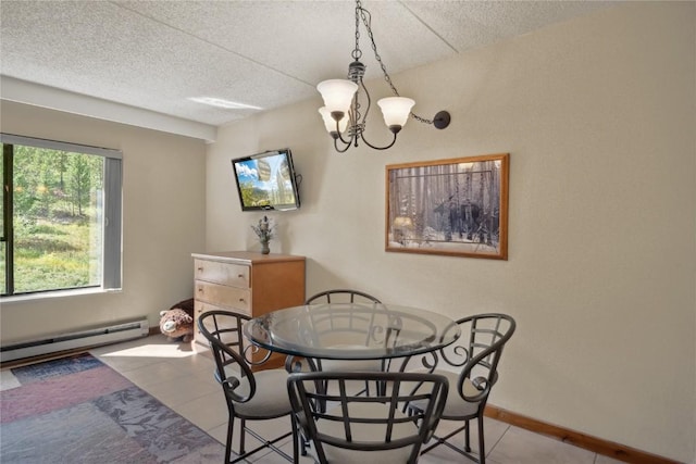 dining room featuring light tile patterned floors, a baseboard radiator, a textured ceiling, and a notable chandelier